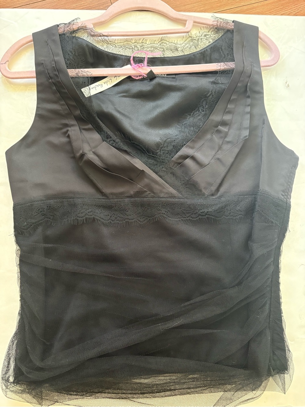 Vintage Black Lace-Trim V-Neck Women's dressy tank.